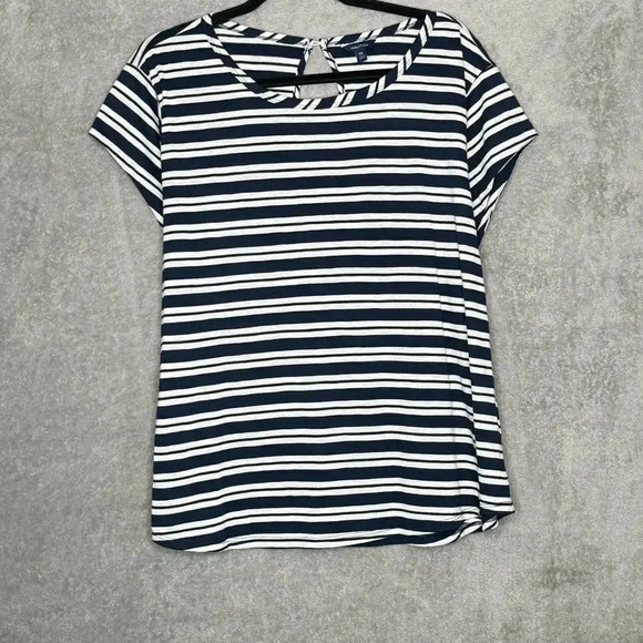 Nautical XXL 2X Shirt Top Navy Blue Stripes Cap Short Sleeve Round Neck Knit - Picture 1 of 6